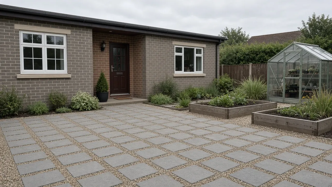 Example image: a permeable block patio with gravel joints behind a bungalow