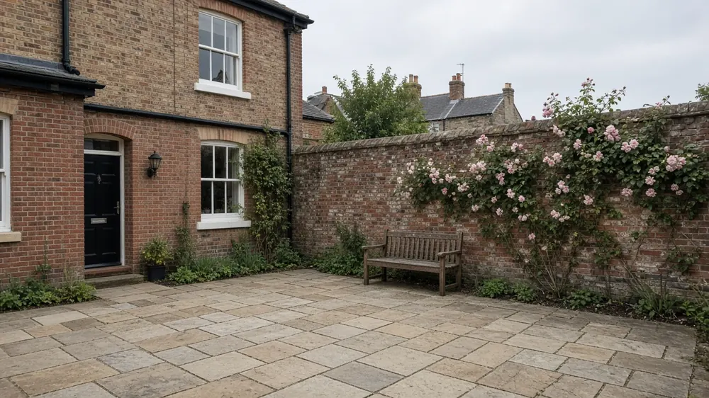 Example image: a buff limestone patio behind a brick townhouse