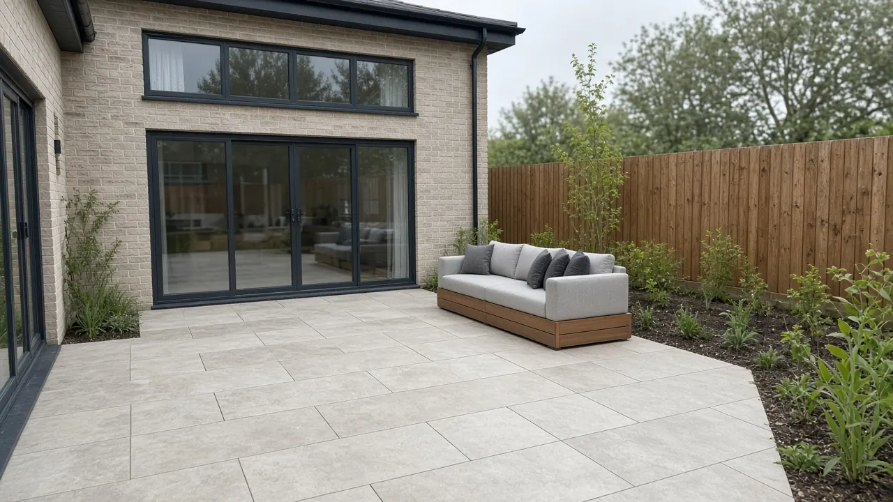 Example image: a pale porcelain patio outside sliding doors on a new-build house